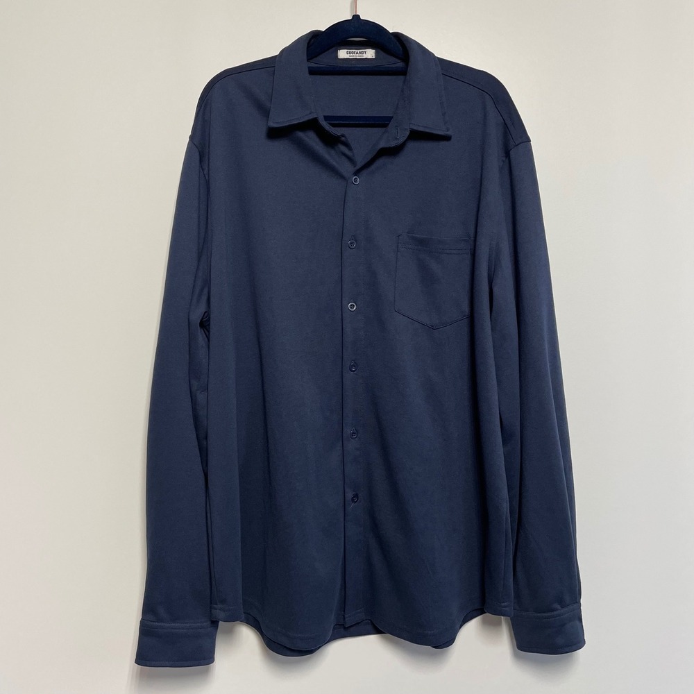 Coofandy Mens Navy Blue Jersey Knit Long Sleeve Collared Button Up Shirt Size L